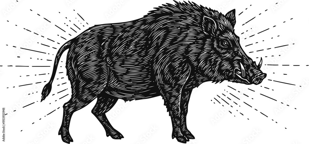 Fototapeta premium wild boar illustration with detailed line art on white background, vintage animal drawing