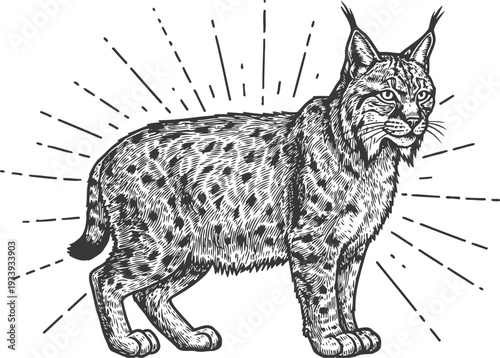 Hand drawn lynx illustration with detailed fur texture and radiant lines in vintage