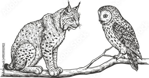 Detailed black and white illustration of a lynx sitting on a branch facing a perched owl