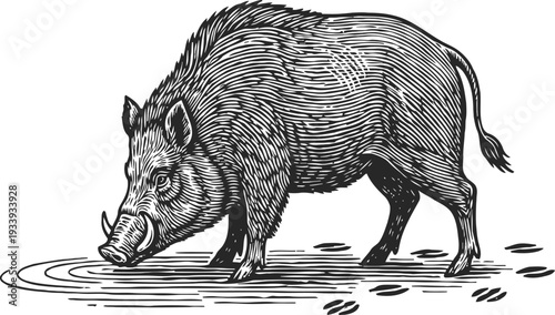 Wild boar drinking water black and white woodcut illustration isolated