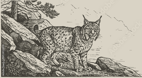 Bobcat standing on rocky terrain with trees and mountains in vintage engraving