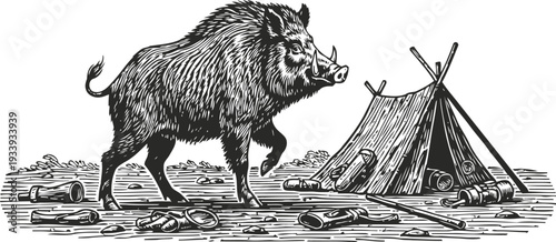 Wild boar walking near a rustic tent surrounded by scattered cans, wilderness camping scene