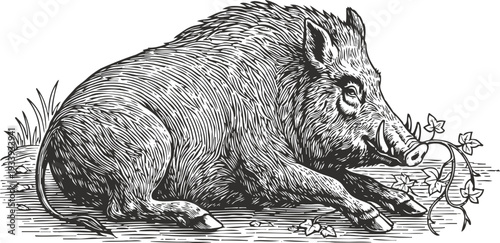 Wild boar lying down with flowers in mouth hand drawn forest animal engraving illustration