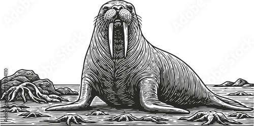 Walrus resting on rocky shore with detailed fur lines and large tusks illustration