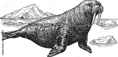 Walrus resting on the shore with iceberg and mountain background arctic marine mammal with tusks and whiskers