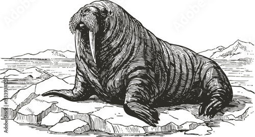 Walrus resting on ice floe arctic marine animal with tusks and whiskers cold polar landscape wildlife illustration