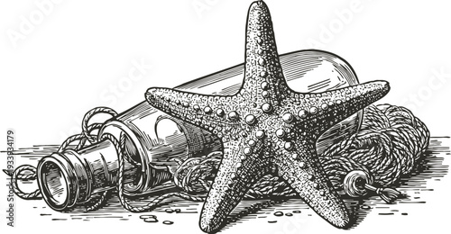 Vintage nautical composition with starfish, glass bottle, rope, and seashell artwork