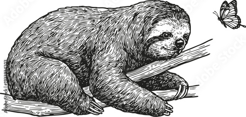 Sloth resting on tree branch watching butterfly hand drawn wildlife animal sketch with nature insect