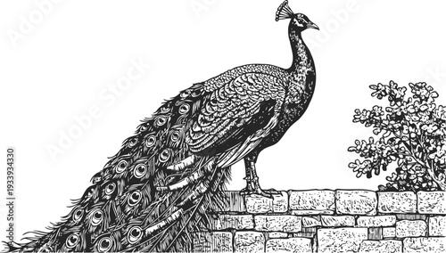 detailed black and white illustration of a peacock standing on a stone wall with foliage background