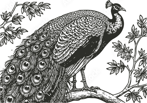 Intricate black and white peacock illustration perched on detailed tree branch with leaves