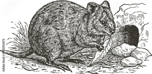 quokka perched near rocky burrow holding leaf in natural habitat engraving