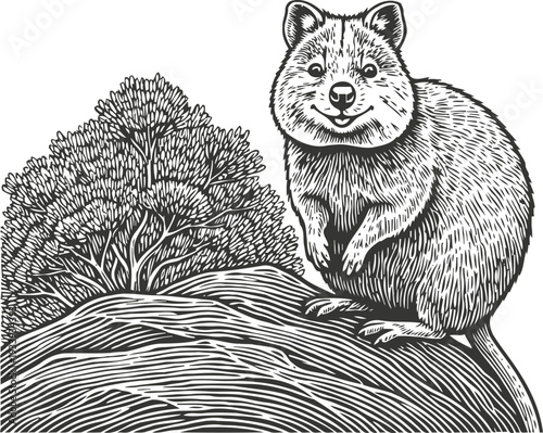 Quokka sitting on rock with bush background cute small marsupial animal wildlife illustration