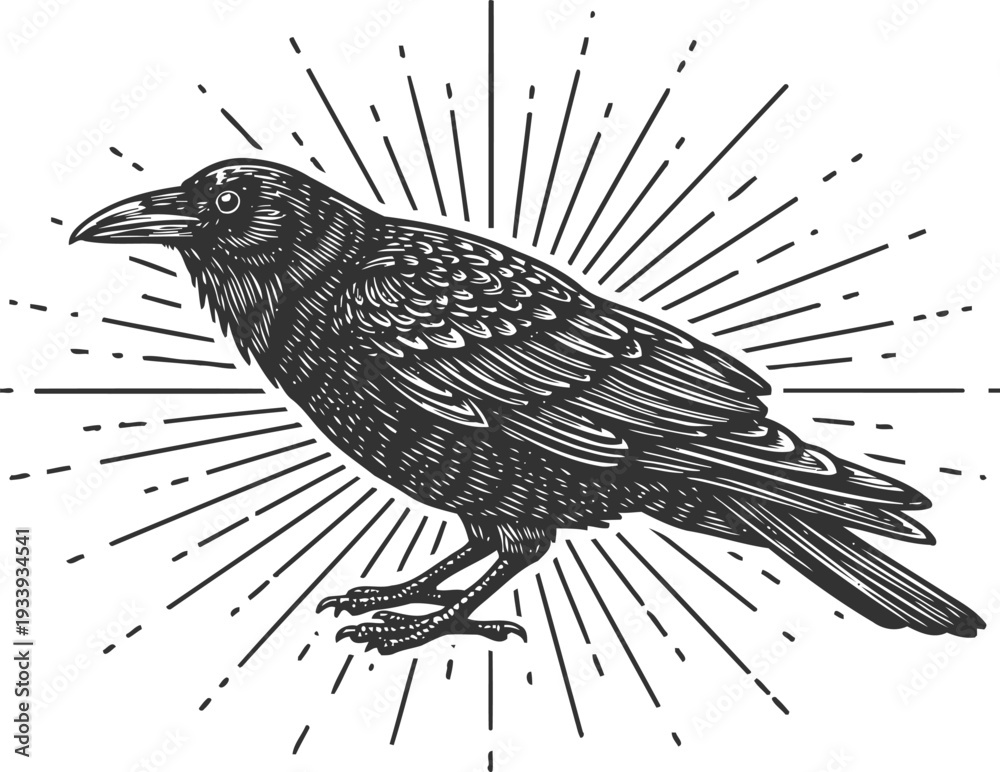 Fototapeta premium Vintage detailed illustration of a black raven with radiant lines background
