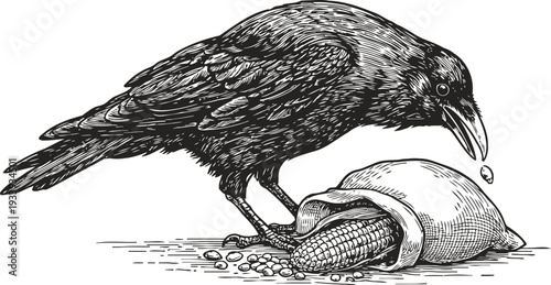 Detailed black crow feeding on spilled corn kernels from a sack hand drawn vintage bird illustration