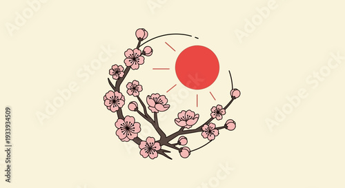 Cherry Blossom Branch with Sun and Circle