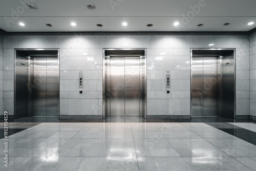 Three stainless-steel elevators with closed doors in a well-lit office building lobby
