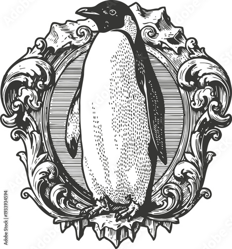 Vintage penguin illustration with ornate decorative frame in black and white engraving