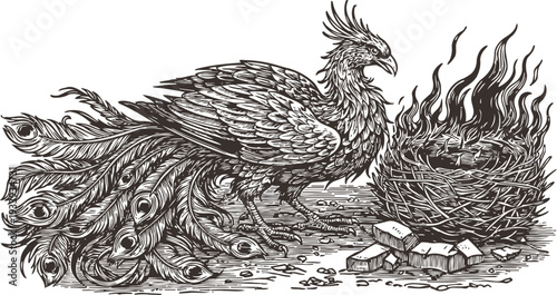 Detailed black and white illustration of a phoenix bird with intricate feathers near a blazing nest with fire and ashes