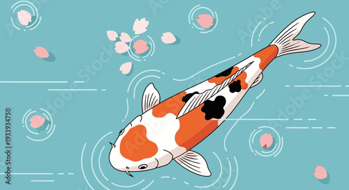 Koi Fish Swimming in Pond with Cherry Blossoms