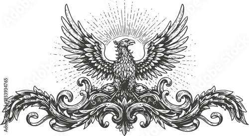 Ornate heraldic eagle with spread wings and decorative vintage filigree design