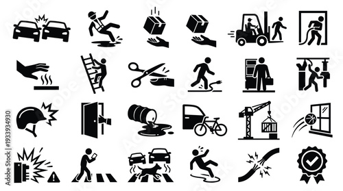 Collection of safety warning icons illustrating various workplace and public hazards, including traffic accidents, falls, electrical dangers, and manual handling risks.