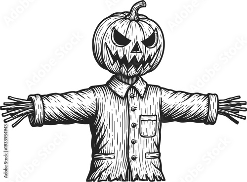 Halloween scarecrow with carved pumpkin head and outstretched arms in spooky design