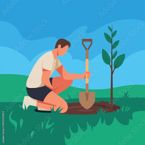 Man Planting a Tree with a Shovel in a Green Field