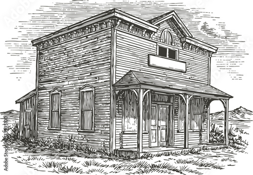 Old wooden western building with porch and intricate roof trim in countryside