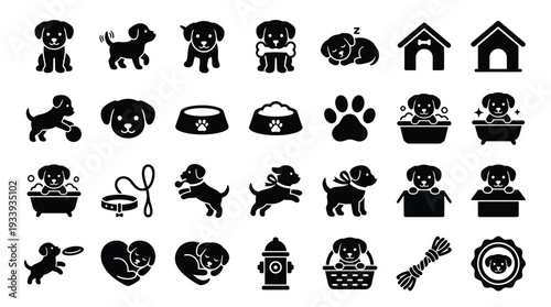 A comprehensive collection of 30 black and white icons representing various aspects of dog ownership and care, including puppies, breeds, toys, and accessories.
