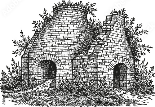 Old abandoned brick kiln with overgrown vegetation, vintage hand drawn industrial oven ruins