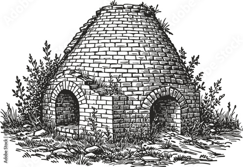 Old brick kiln structure surrounded by grass and bushes, detailed vintage black and white drawing