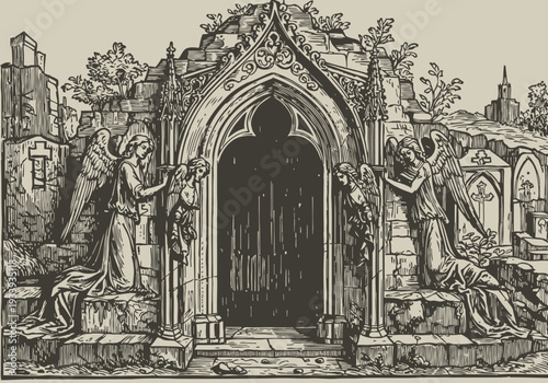 Gothic cemetery entrance with mourning angel statues and ornate archway surrounded by overgrown vegetation