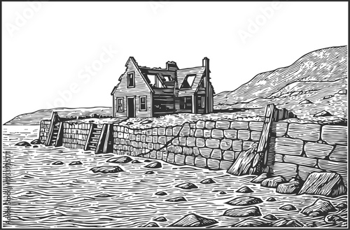 Abandoned coastal house with worn stone pier and rocky shoreline in a vintage ink drawing