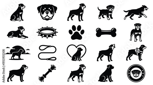 Collection of Rottweiler dog icons and illustrations, including full body poses, headshots, paw prints, and accessories like collars and leashes.