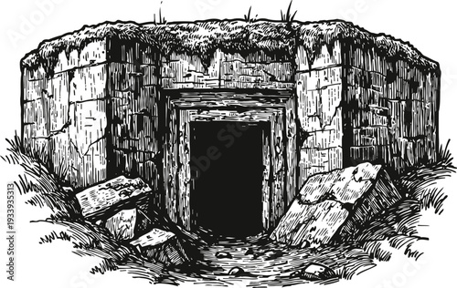 Ancient stone bunker entrance overgrown with grass, old military fortification with open doorway