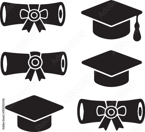 Collection of Graduation Cap and Diploma Silhouette Icons