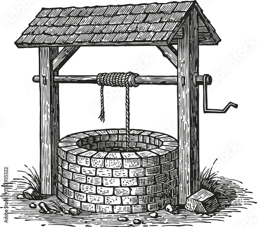 Traditional wooden water well with roof, crank handle, stone bricks and hanging rope in vintage engraving