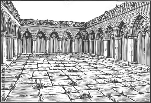 Ancient ruined cloister courtyard with stone paving and gothic arches in black and white line art