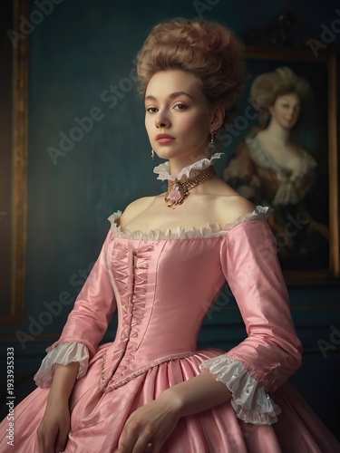 Portrait of an Elegant Young Woman in an 18th Century Style Pink Satin Gown, Rococo Period Fashion with Classic Interior Background