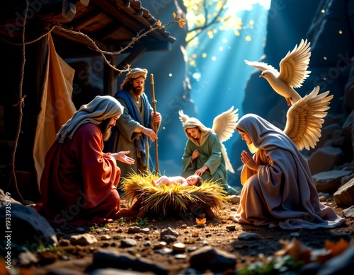 A tranquil nativity scene set in what appears to be an outdoor, wooded setting at dusk