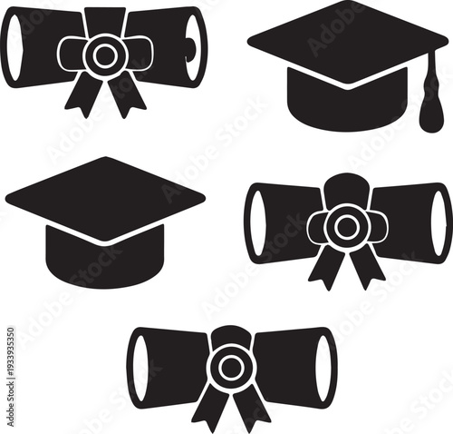 Graduation Cap and Diploma Silhouette Icons