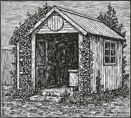Vintage wooden garden shed with climbing plants, rustic outdoor cabin detailed sketch illustration