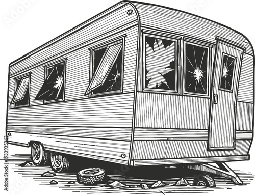 Abandoned damaged camper trailer with broken windows and flat tire isolated line art drawing