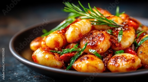 A beautiful plate of gnocchi arranged with a rich tomato sauce, garnished with fresh herbs, creating an appetizing aesthetic for food lovers and culinary enthusiasts.