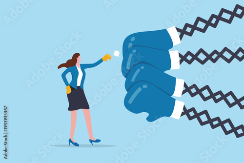 Businesswoman leadership to fight obstacle, difficulty or motivation to overcome hurdle, barrier to reach career goal, power or skill concept, confidence businesswoman fight with multiple challenges.