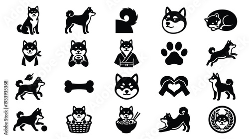 Collection of 20 black and white Shiba Inu dog icons in various poses and styles, including sitting, standing, playing, and stylized representations.