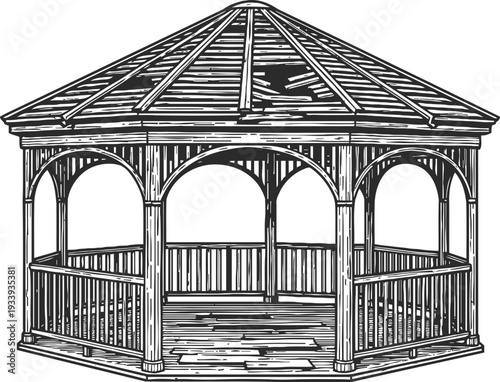 Hand drawn wooden gazebo illustration with open sides and shingled roof design