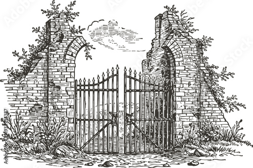 old wrought iron gate with ruined brick pillars and overgrown plants in vintage sketch