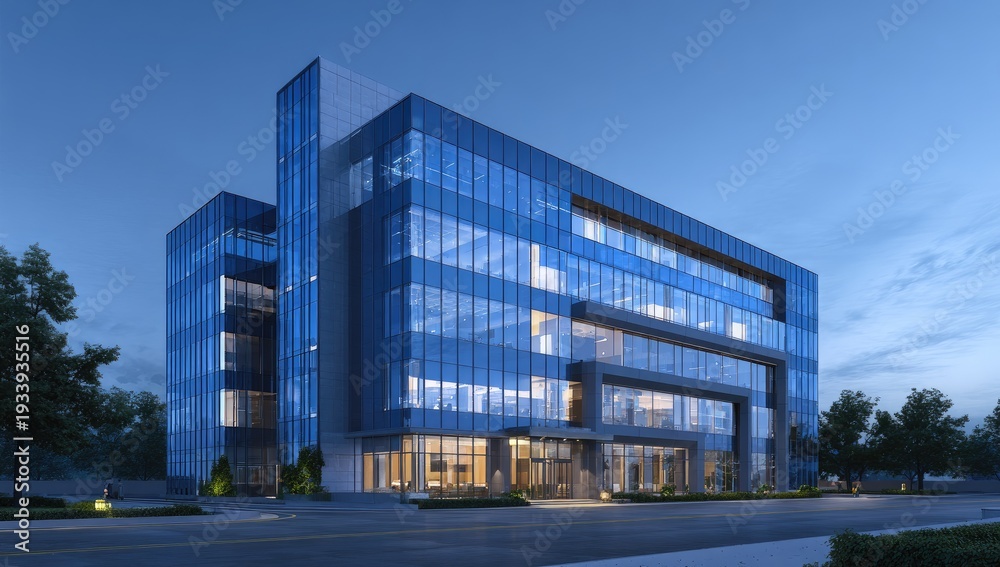 Fototapeta premium Modern architectural rendering of a multi-story building, blue glass facade, night scene