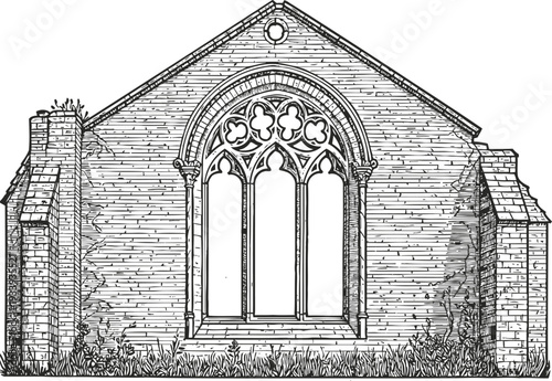 Gothic window architecture set in stone wall with pointed arches and detailed tracery design